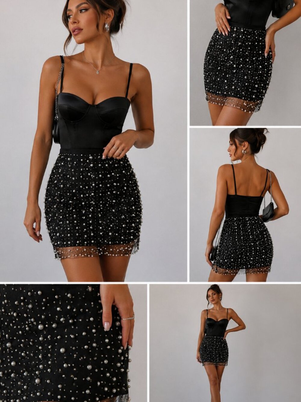 Haute Monde Pearl Mesh Mini Skirt Black Sheer Beaded Party Club Y2K Size M